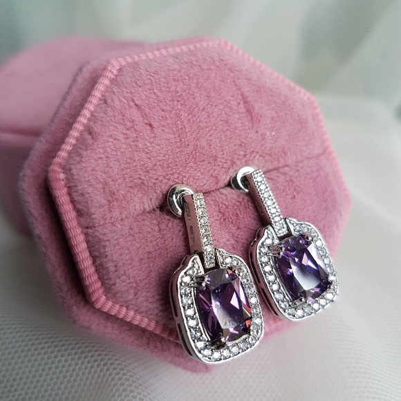 Swarovski Elements Amethyst Purple Emerald-cut Halo Earrings NEW - Picture 8 of 14